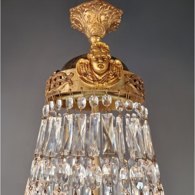 Putti Face Empire Chandelier Crystal Gold Basket Antique Brass Classic For Sale - Image 10 of 11