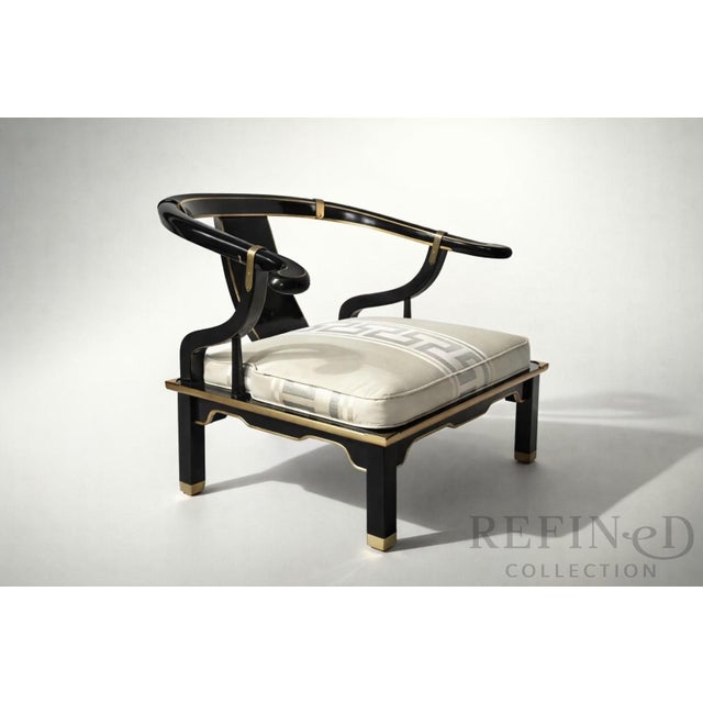 1980s Pair of James Mont–Style Black Lacquer & Brass Lounge Chairs by Century Furniture in Colefax & Fowler Silk For Sale In Boston - Image 6 of 16