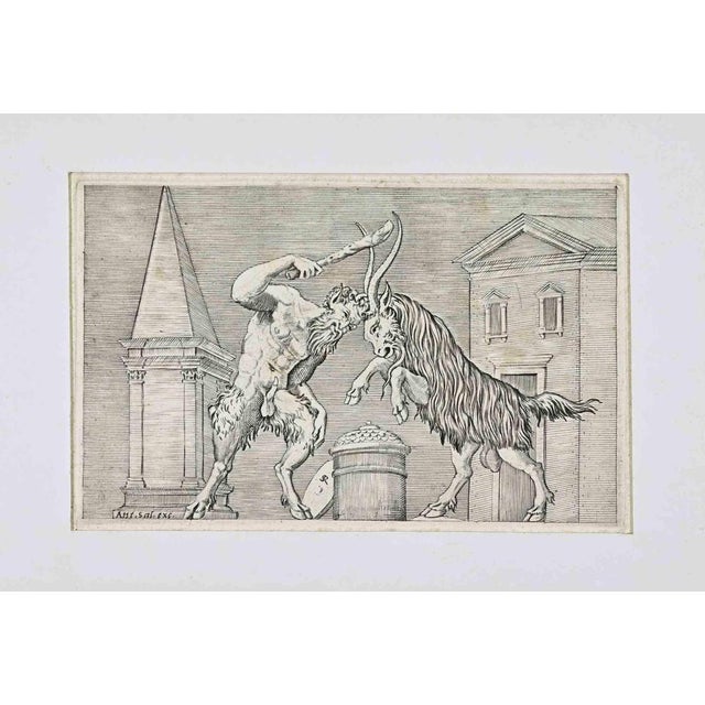 Marco Gatti, A Satyr and a Ram Clashing, Etching, 16th Century For Sale - Image 3 of 3