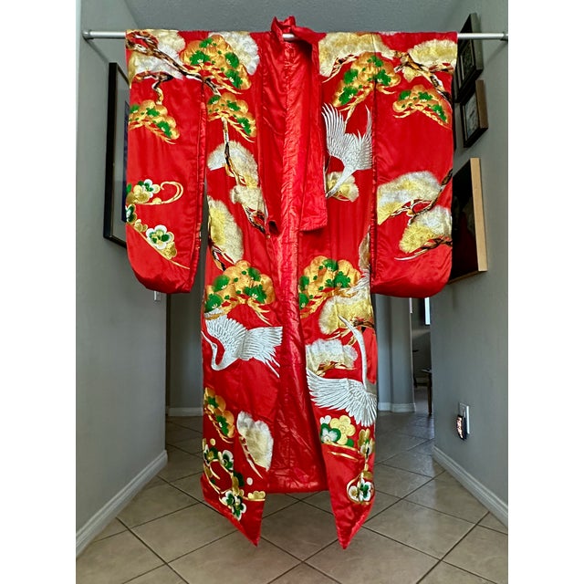 Mid 20th Century Vintage Red Brocade With Flying Cranes Japanese Ceremonial Kimono For Sale - Image 5 of 18