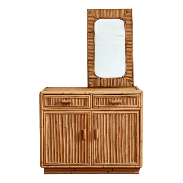 Small Fluted Bamboo Sideboard and Mirror, 1970s, Set of 2 For Sale