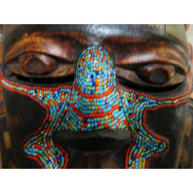 1960s Vintage Hand Carved and Beveled Wooden African Wall Hanging Mask With Beaded Inlay. For Sale - Image 5 of 6