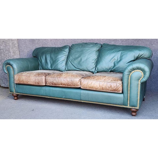 Traditional Drexel Blue and Brown Two Tone Leather Sofa With Nailheads Pella Soft Leather For Sale - Image 3 of 9