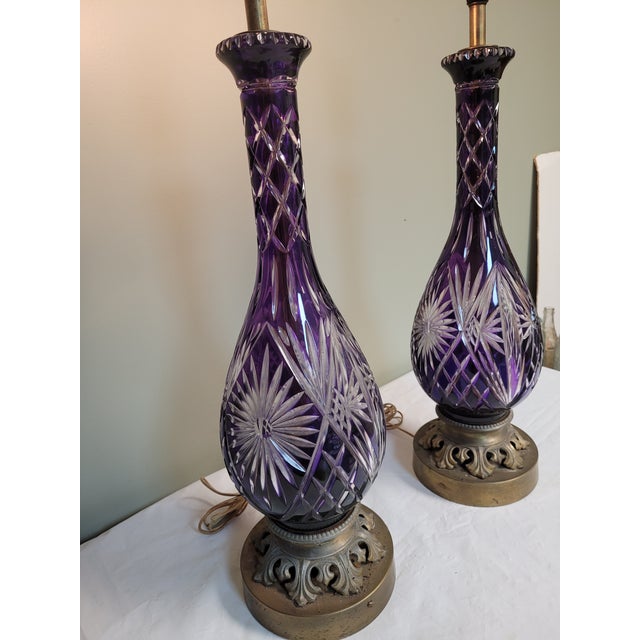 A Pair of 1940s Cut Crystal Amethyst Table Lamps For Sale - Image 4 of 9