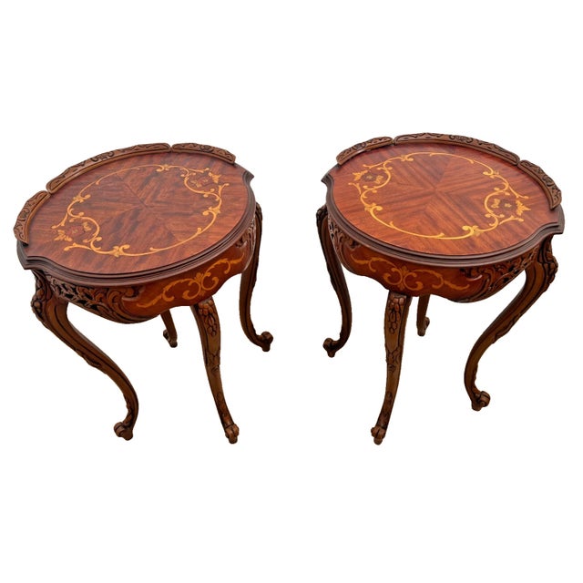 Wood 1930s Two French Side Tables, Display, Nightstands, Round Top Floral Marquetry For Sale - Image 7 of 13