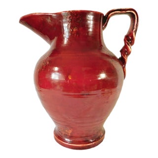 Large Oversized Vintage Italian Red Ceramic Twist Handle Pitcher Floor Vase For Sale