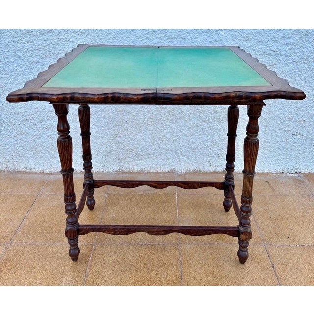 Spanish Carved Oak Games Table with Original Green Felt, 1920s For Sale - Image 10 of 13