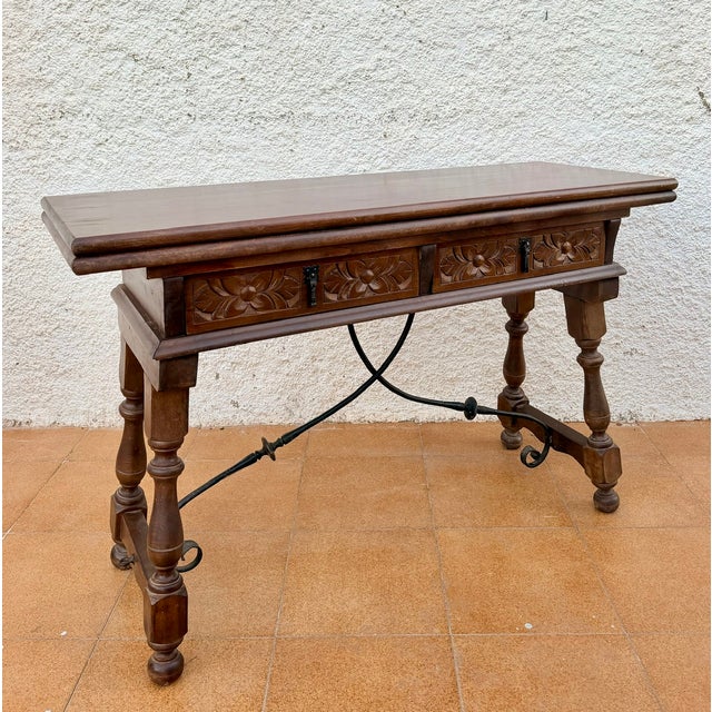 Spanish Carved Wood Drop-Leaf Table with Iron Stretcher, 1940 For Sale - Image 4 of 14