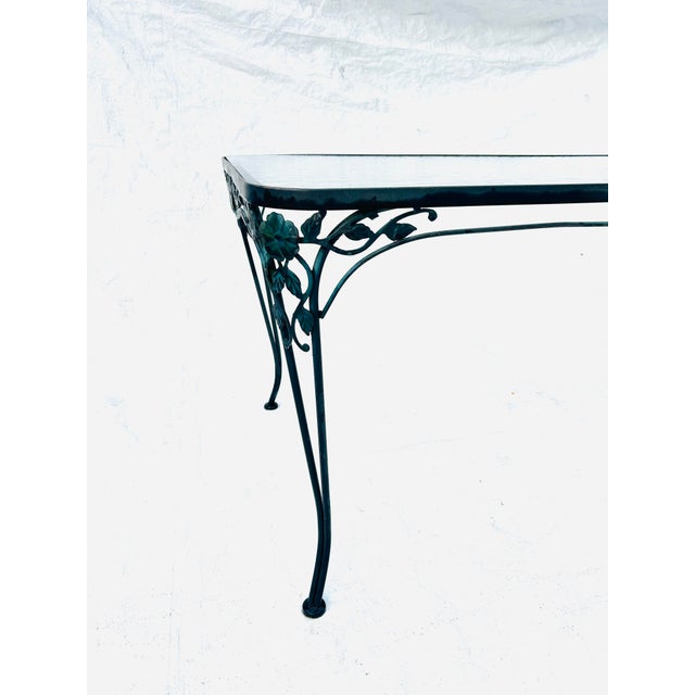 Vintage Chantilly Rose Wrought Iron Patio Table with texture glass top by Russell Woodard, Attributed. 60"L X 36"D X 29"H...