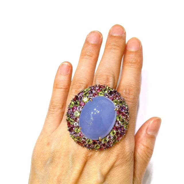 Metal Bochic “Orient” Chalcedony & Multi Gem Cocktail Ring In 18K Gold & Silver, Size 6 For Sale - Image 7 of 11
