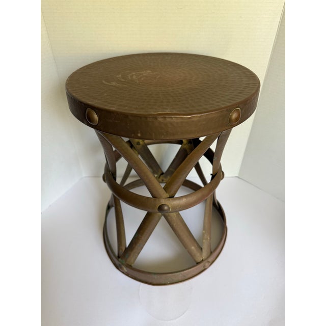 Vintage Hammered Brass X-Form Drum Stool With Riveted Details For Sale In Los Angeles - Image 6 of 11