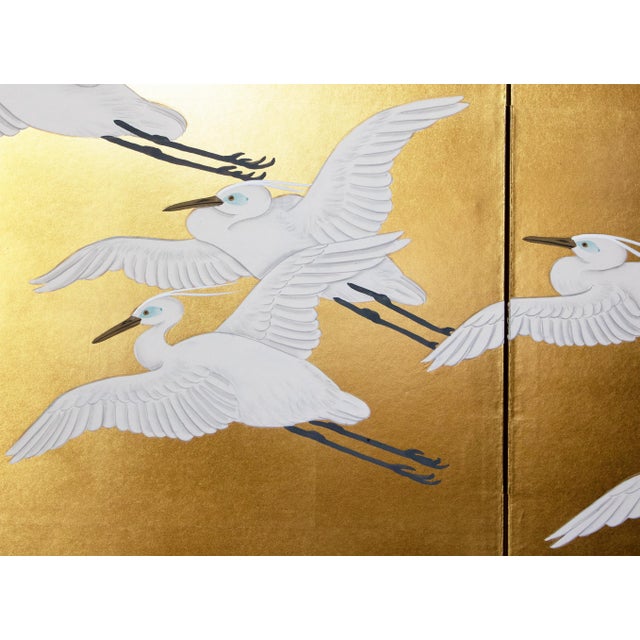 Goldenrod "Wave and White Herons" by Sekko, Heisei Era Japanese Byobu Screen For Sale - Image 8 of 18