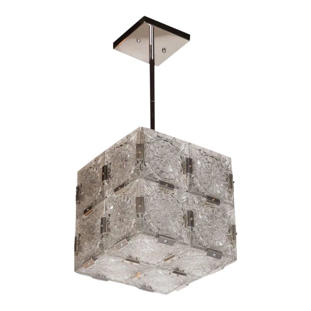 Mid-Century Modernist Pendant with Etched Glass and Chrome Fittings by Kinkeldy For Sale