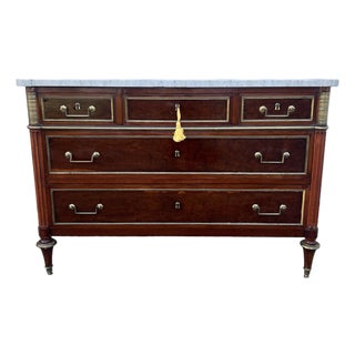 French 19th Century Louis XVI Mahogany Carrara Marble Top Chest of Drawers For Sale