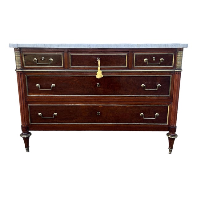 French 19th Century Louis XVI Mahogany Carrara Marble Top Chest of Drawers For Sale