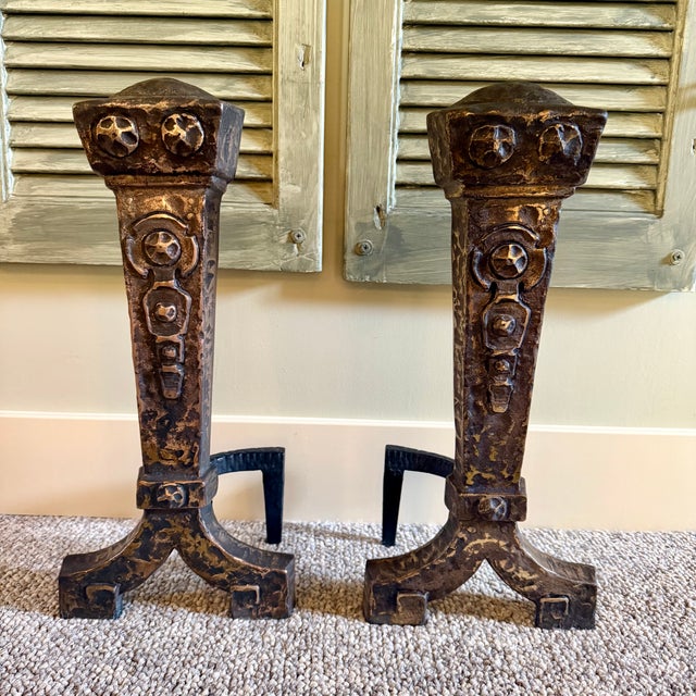 Antique Cast Iron Burnished Andirons by Ohio F & M Co. 1920s For Sale - Image 4 of 14
