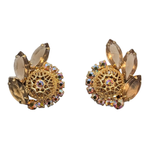 Vintage 1960s Delizza & Elster Filigree Faux-Topaz & Aurora Borealis Clip Earrings- 2 Pieces