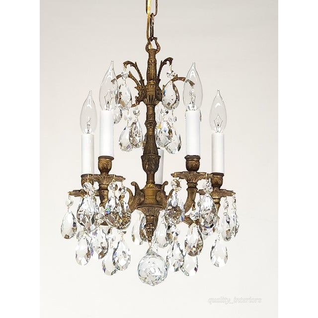 Offered for your consideration is an Antique Teeny Tiny Twinkling 5 Arm 5 Light Brass Cut Lead Crystal Chandelier. The...
