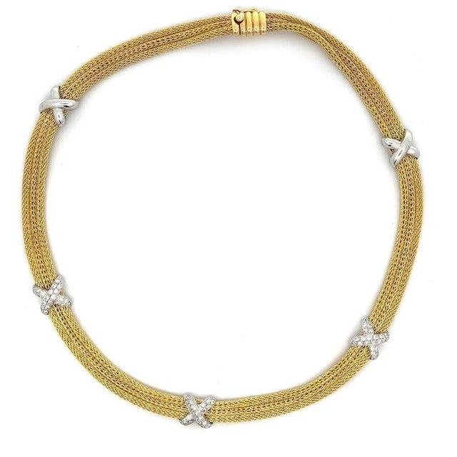 Late 20th Century Diamond 18k Gold Necklace Triple Strand X Motifs Mesh Chain For Sale - Image 5 of 6
