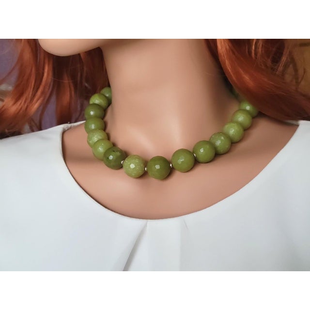 2020s Natural Olive Jade Beaded Necklace With Jade Clasp For Sale - Image 5 of 7