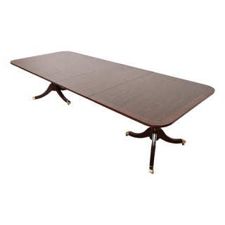 Kindel Furniture Georgian Banded Mahogany Double Pedestal Extension Dining Table, Newly Refinished For Sale