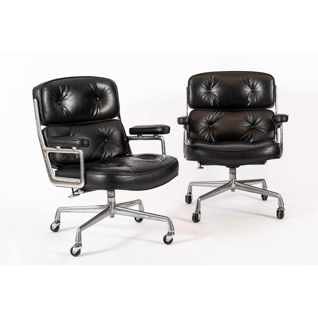 Pair Eames Herman Miller Time Life Black Leather Office Chairs 1980s For Sale - Image 11 of 17