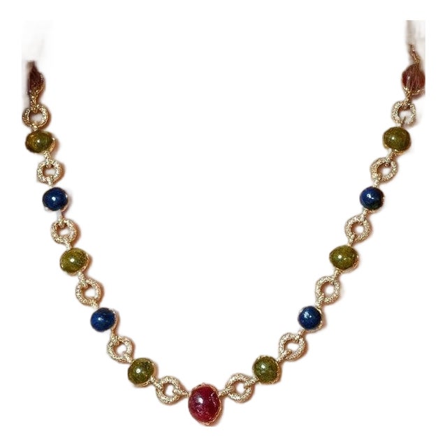 Bochic "Capri" Vintage Diamond, Ruby & Fancy Sapphire Necklace Set in 18K & Silver For Sale