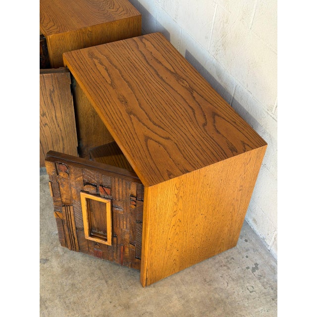 Lane Brutalist Oak Nightstands Set of 2 Wooden Bedroom Storage End Tables 1970s For Sale - Image 9 of 11