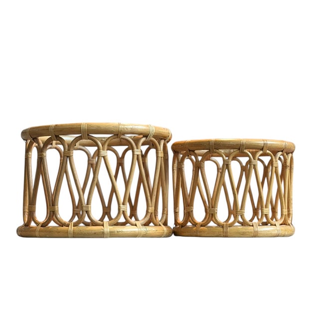 Mid-Century Modern 1970s Rattan Bamboo Plant Stand Base Set of 2 Decor For Sale - Image 3 of 16