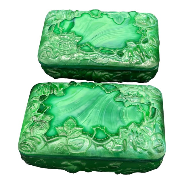 Vintage Malachite Glass Carved Trinket Boxes - a Pair For Sale