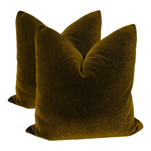 Plush 24" Olive Brown Down Filled Mohair Pillows - A Pair For Sale