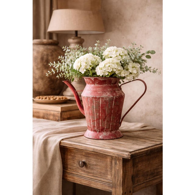 1940s Vintage Distressed Red Tin Watering Can | Rustic Farmhouse Garden Vessel | Primitive Metal Pitcher Decor For Sale - Image 5 of 5