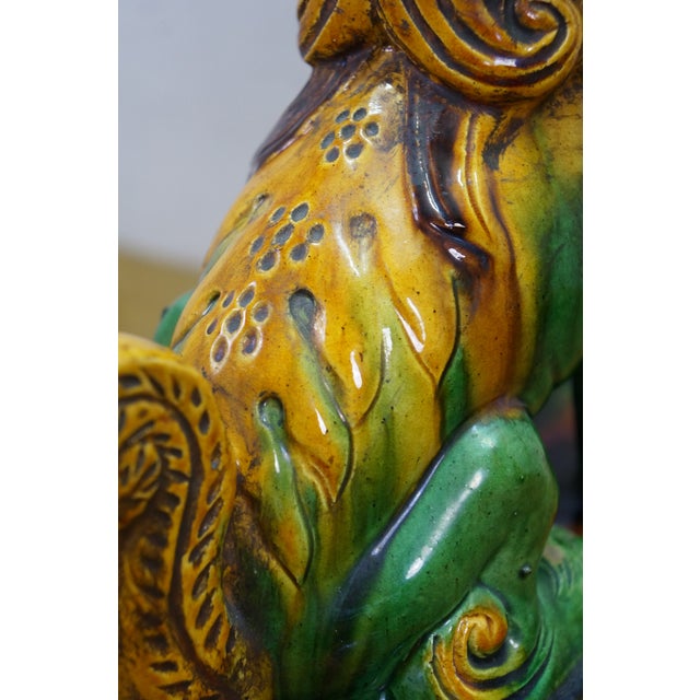 2 Chinese Green Sancai Glazed Porcelain Foo Dog Guardian Lion Statues 12" For Sale - Image 17 of 18