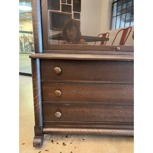 Brown Early 1900's Refurbished Oak Stacked Barrister Bookcase With Drawers in Base For Sale - Image 8 of 12