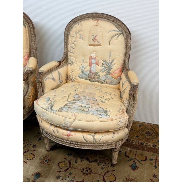 Peach 19th Century Delmar Chinoiserie Printed Bergere Chairs, Pair For Sale - Image 8 of 12