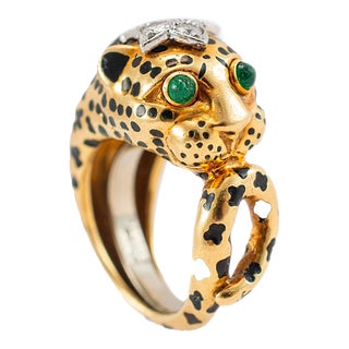 David Webb 18k Yellow Gold & Platinum Leopard Looped Tail Diamond Cocktail Ring Size 5 For Sale