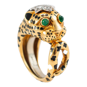 David Webb 18k Yellow Gold & Platinum Leopard Looped Tail Diamond Cocktail Ring Size 5