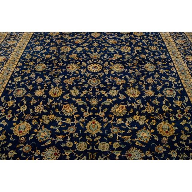 Textile 1960s Vintage Persian Kashan Handmade Blue Wool Rug With Floral Pattern For Sale - Image 7 of 7