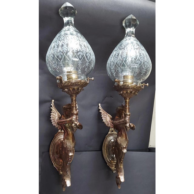 Art Nouveau Pair Vintage 1940s Art Nouveau Deco Mermaid Wall Sconces Fixture in Brass & Glass For Sale - Image 3 of 5