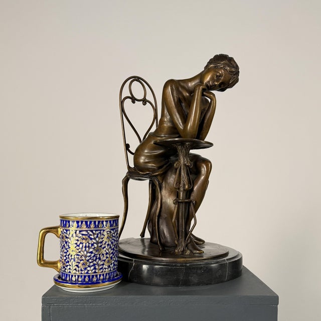 Art Nouveau Art Nouveau Parisienne Lady Bronze, Seated at Café Table on Marble – 14” Tall For Sale - Image 3 of 11