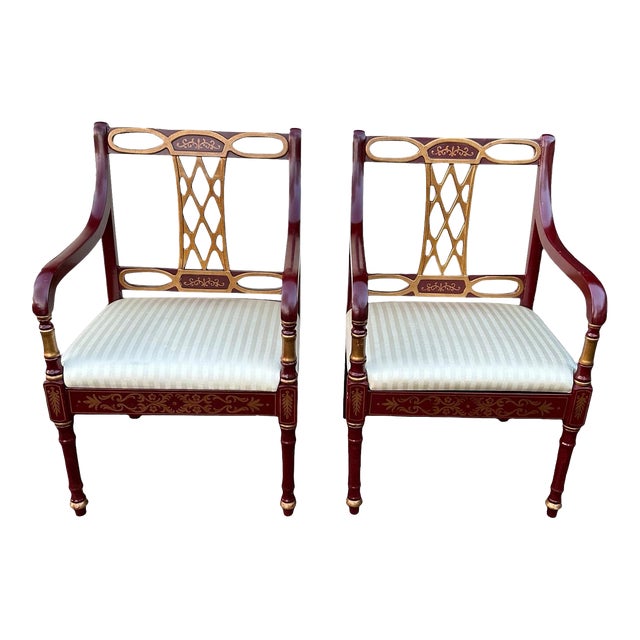 Maitland Smith Style Chinoiserie Side Chairs Red and Gold - A Pair For Sale
