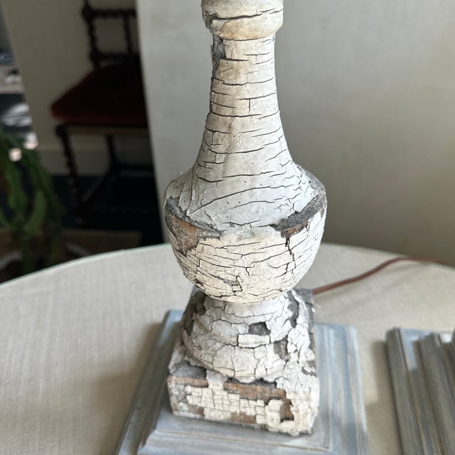 2010s Contemporary Neutral Chipped Finish Wood Lamps - a Pair For Sale - Image 5 of 5