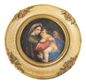 Early 20th Century Painted Perlin Porcelain Plaque After Raphael's Madonna Della Sedia, Framed