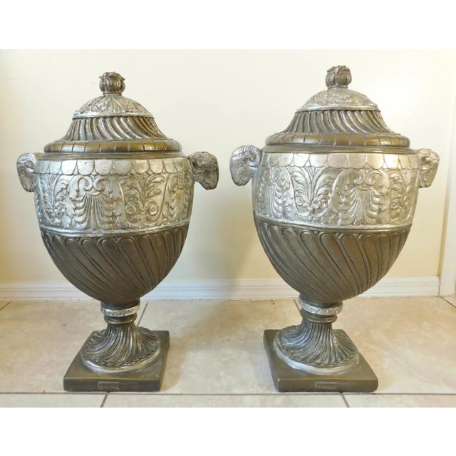 Gold Large Pair Vintage Outdoor Hilda Flack Gold & Silver Resin Ram's Head Statue Urns For Sale - Image 8 of 12