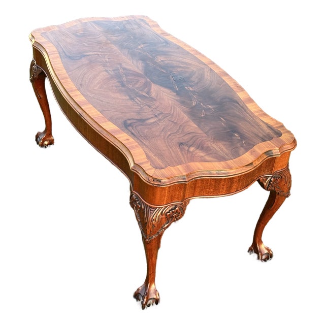 Antique Chippendale Style Coffee Table W/ Carved Legs, Ball & Claw Feet, Book-Matched Burl Wood Top For Sale