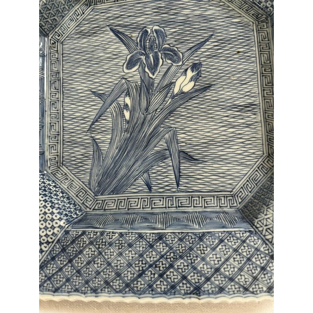 Antique Japanese Blue and White Octagonal Plate With Iris Motif For Sale - Image 9 of 14