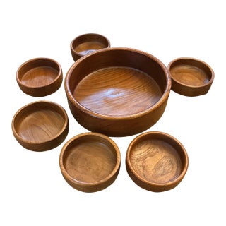 Vintage Mid-Century Modern Genuine Teak Salad Bowl Set - 7 Pieces For Sale