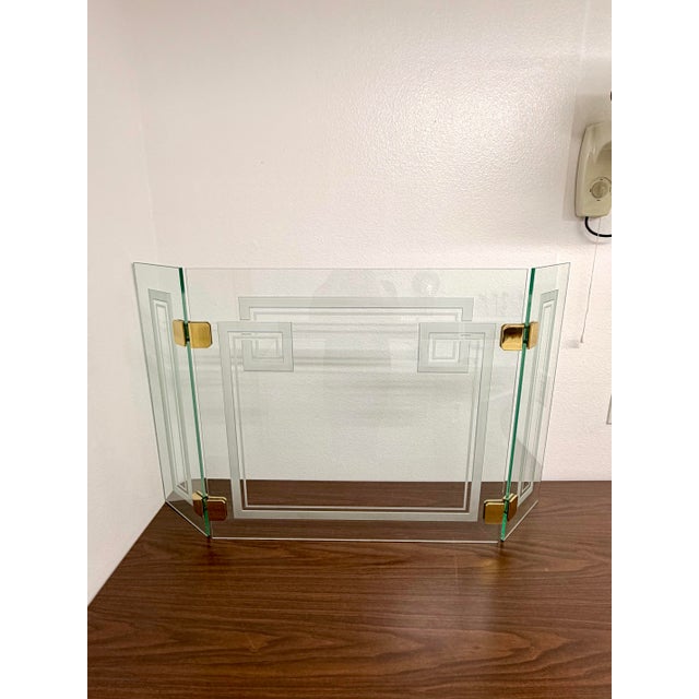 Striking vintage heavy three-panel glass fireplace screen featuring an elegant geometric Greek Key/Art Deco-inspired...