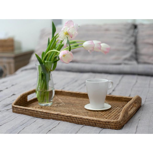Artifacts Rattan Rectangular Serving Tray with High Handles in Honey Brown - 14" For Sale - Image 11 of 13