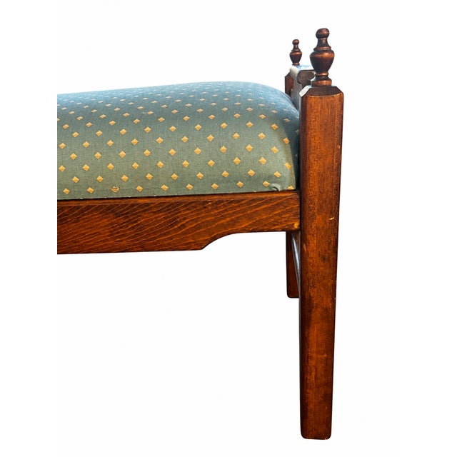 Gemstone Antique Figured Wood Upholstered Bench With Turned Finials and Blue-Green Diamond Fabric For Sale - Image 7 of 10